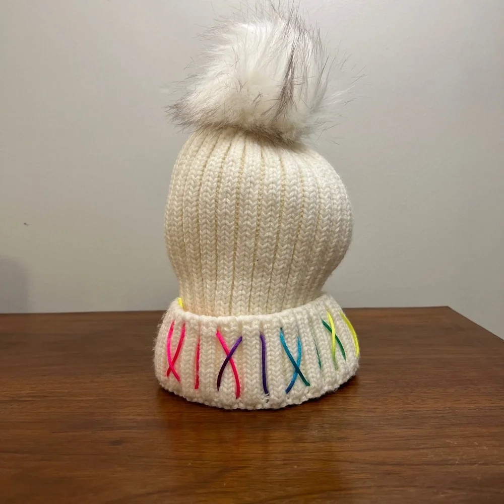 Beanie, white pom fleece lined beanie with colorful‎ stitching